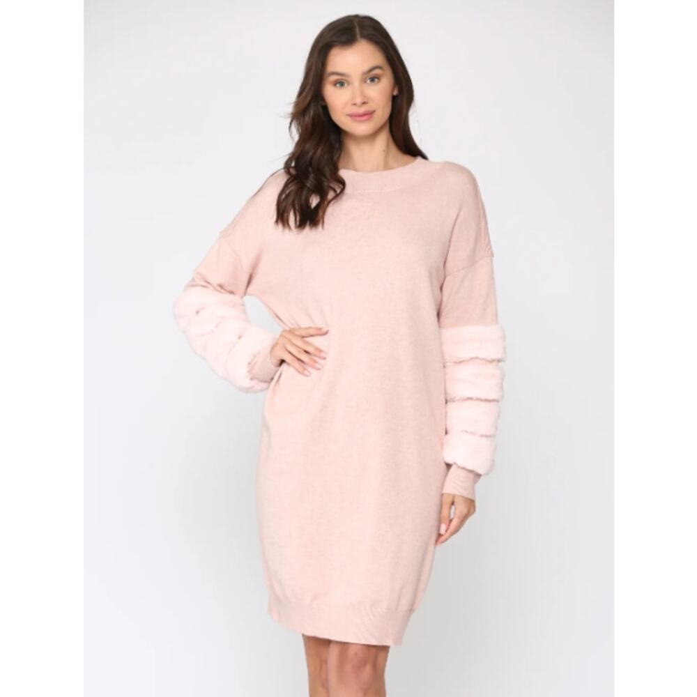 Joh Apparel Sonia Sweater Dress Faux Fur Trim Pink Womens XS